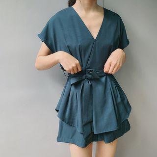 Set: Short-sleeve Tie Waist Top + Wide-leg Shorts