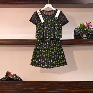 Set: Short-sleeve Lace T-shirt + Patterned Wide-leg Playsuit