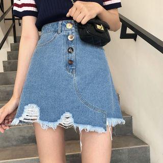 Striped Short Sleeve Knit Polo Shirt / Fray Hem A-line Denim Skirt