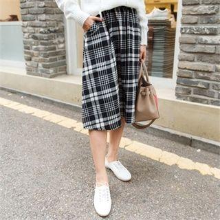 Band-waist Plaid Flare Skirt