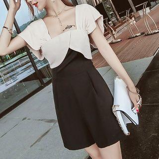 Color Panel Off Shoulder Short Sleeve Playsuit