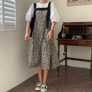 Puff-sleeve Top / Print Midi A-line Overall Dress