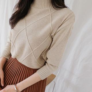 Mock-neck Wool Blend Diamond Sweater