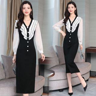 Long-sleeve Ruffle Sheath Midi Dress