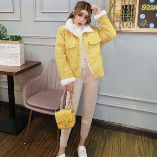 Furry-trim Buttoned Jacket / Mock Neck Knit Top / Cropped Sweatpants / Set