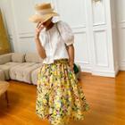 Short-sleeve Blouse / Floral A-line Midi Skirt