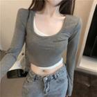 Long-sleeve Mock Two-piece Crop T-shirt