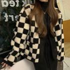Color Block Chessboard Fleece Jacket Black & Almond - One Size