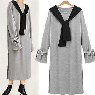 Mock Two Piece Long Sleeve Midi Dress