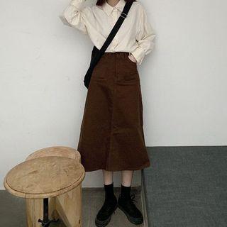 Long-sleeve Shirt / Button Vest / Midi A-line Skirt