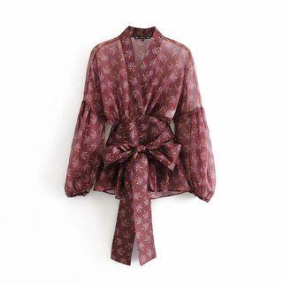 Long-sleeve Printed Tie-front Mesh Blouse