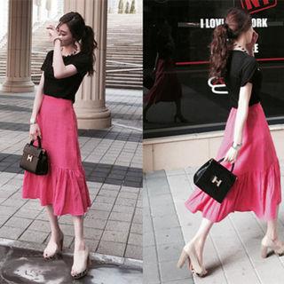 Ruffle-hem Linen Blend Midi Skirt