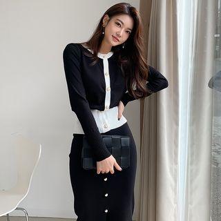 Set: Contrast Trim Cardigan + Midi Knit Skirt