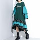 Puff-sleeve Lettering Midi A-line Dress Green - One Size