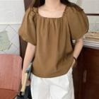 Puff-sleeve Plain Blouse Top - Coffee - One Size