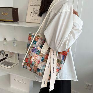 Plaid Nylon Tote Bag Plaid - Blue & Orange & Beige - One Size