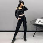 High-waist Cargo Jogger Pants / Buckled-strap Crop Top