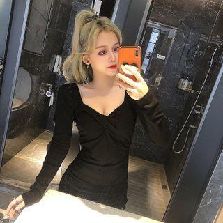 Long-sleeve Drawstring Mini Bodycon Dress Black - One Size
