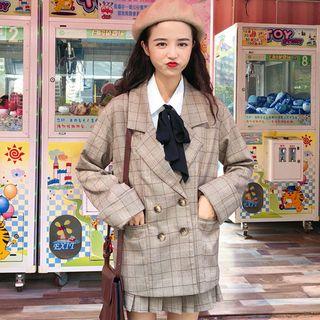 Bow Accent Shirt / Plaid Blazer / Pleated Skirt