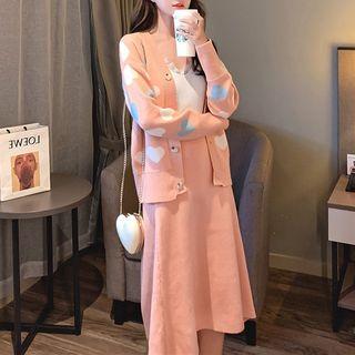 Set: Heart Print Cardigan + Midi A-line Knit Skirt
