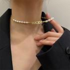 Lettering Faux Pearl Choker Gold Lucky - White - One Size