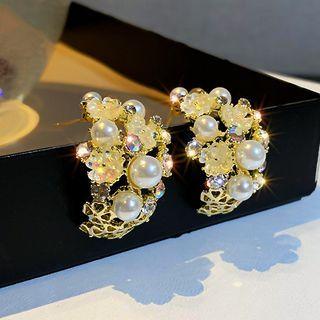 Rhinestone Faux Pearl Half-hoop Earring 1 Pair - White Faux Pearl - Gold - One Size