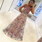 Tulle Overlay Floral A-line Maxi Dress
