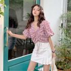 Plaid Puff-sleeve Drawstring Crop Top