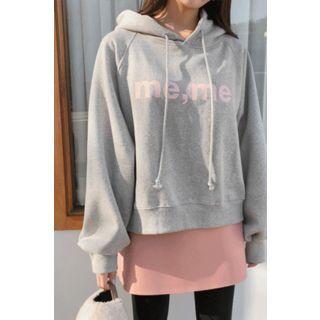 Lettered Fleece-lined Hoodie Gray - One Size