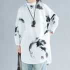 Long-sleeve Stand Collar Print Top Ink - Black & White - One Size