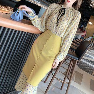Set: Long-sleeve Flower Print Midi Dress + High-waist Pencil Skirt