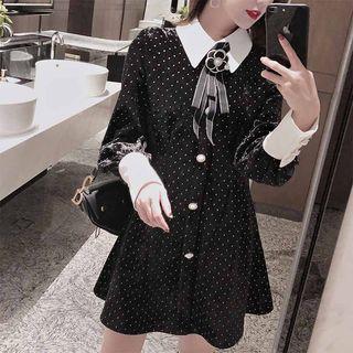 Dotted Collared Long-sleeve A-line Dress