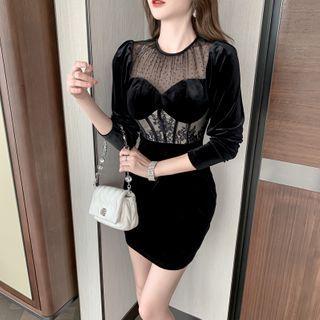 Mesh Panel Long-sleeve Mini Sheath Velvet Dress