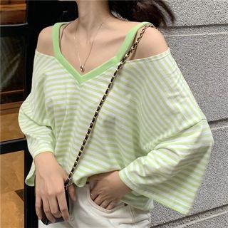 Contrast Trim Striped Off-shoulder T-shirt Green - One Size