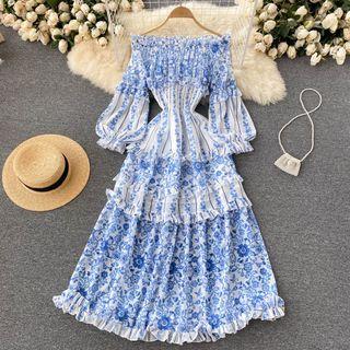 Off-shoulder Porcelain Print Puff-sleeve Ruched A-line Dress