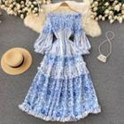 Off-shoulder Porcelain Print Puff-sleeve Ruched A-line Dress
