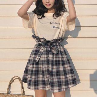 Set: T-shirt + Check Lace-up Skirt