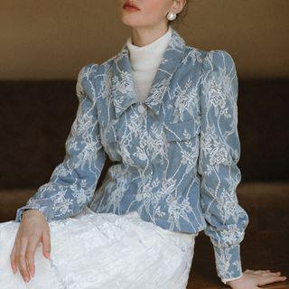 Puff-sleeve Lace Overlay Denim Jacket
