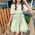 Short-sleeve Mock Two-piece Floral Lace-up Dress