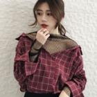Sheer Panel Blouse Plaid - Red - One Size