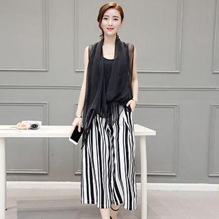 Set: Sleeveless Chiffon Top + Striped Wide Leg Pants
