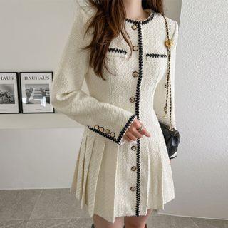 Button-up Pleated Mini Tweed Dress