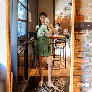 Set: Lettering Sleeveless Top + Tie-waist Buttoned Miniskirt