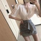 Short-sleeve Lace V-neck Top / Fitted Mini Skirt