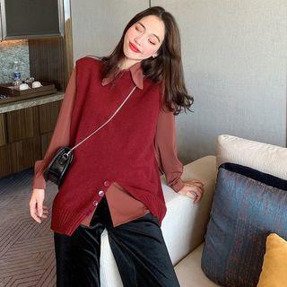 Plain Long-sleeve Shirt / Knit Vest