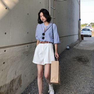 Set: Short-sleeve Button-up Top + Wide Leg Shorts
