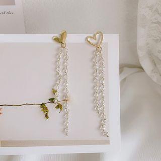 Alloy Heart Faux Pearl Fringed Earring Stud Earring - 1 Pair - Heart - Gold - One Size