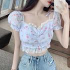 Puff-sleeve Floral Cropped Blouse / Mini A-line Dress