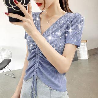Drawstring Front Rhinestone V-neck Top