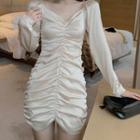 Ruched Long-sleeve Mini Sheath Dress Almond - One Size